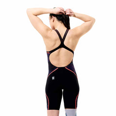 Speedo Women's Fastskin LZR Pure Intent 2.0 printed openback kneeskin in black and ember with flare design, designed for competitive swimming.