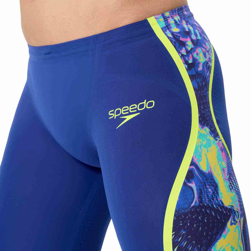 Speedo men's Fastskin LZR Pure Intent 2.0 jammer in blue and multi-color, designed for competitive swimming.