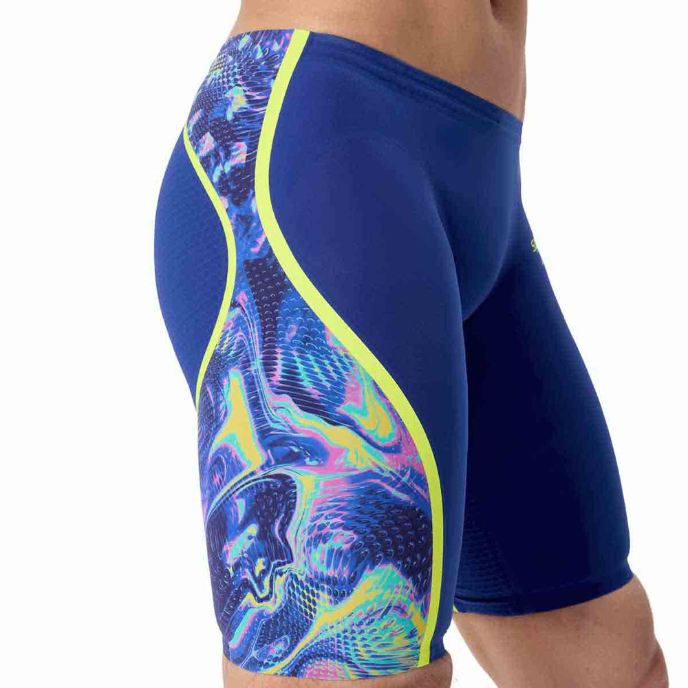 Speedo men's Fastskin LZR Pure Intent 2.0 jammer in blue and multi-color, designed for competitive swimming performance.