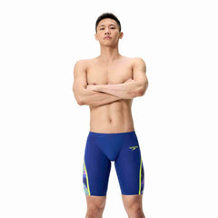 Speedo men's Fastskin LZR Pure Intent 2.0 jammer in blue and multi-color, close-up showing sleek swimwear design.