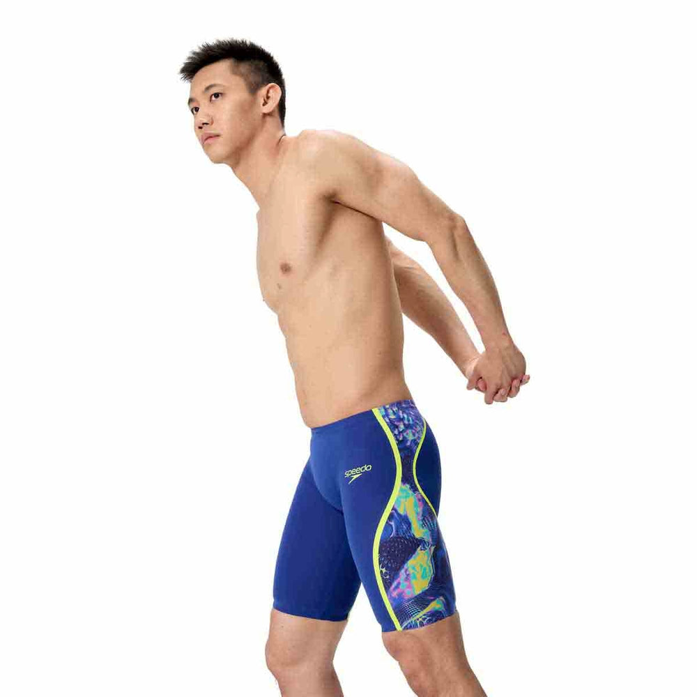 Speedo men's Fastskin LZR Pure Intent 2.0 jammer in blue and multi-color, showing the sleek, fitted swimwear design.