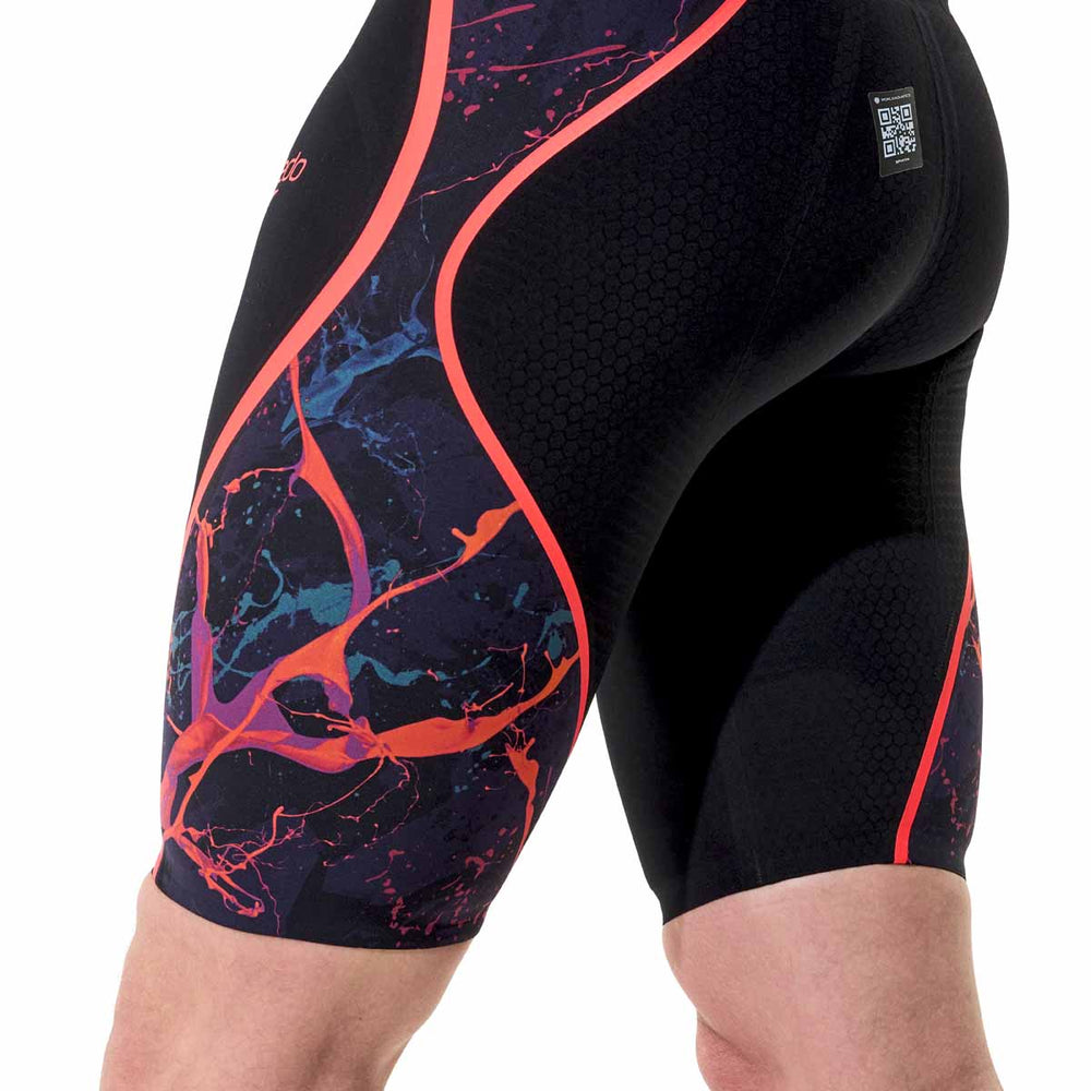 Speedo men's Fastskin LZR Pure Intent 2.0 printed jammer in black with ember and flare design, designed for competitive swimming.