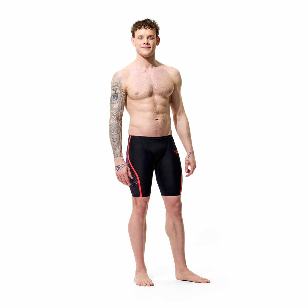 Speedo men's Fastskin LZR Pure Intent 2.0 printed jammers in black with ember and flare details, designed for competitive swimming.
