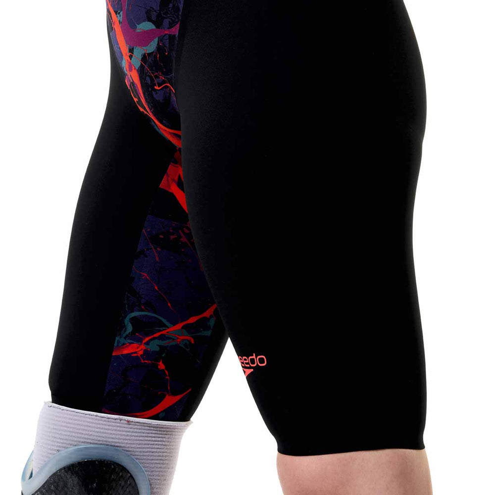 Speedo Women's Fastskin LZR Pure Valor 2.0 printed openback kneesuit in black ember and black, designed for competitive swimming.