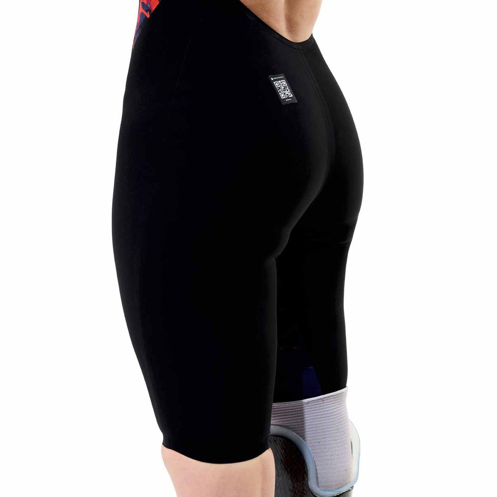 Speedo Women's Fastskin LZR Pure Valor 2.0 printed openback kneeskin in Black Ember and black, designed for competitive swimming.