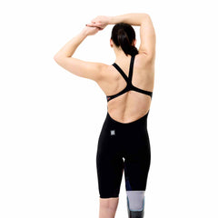 Speedo Women's Fastskin LZR Pure Valor 2.0 printed openback kneeskin swimsuit in black ember and black, designed for competitive swimming.