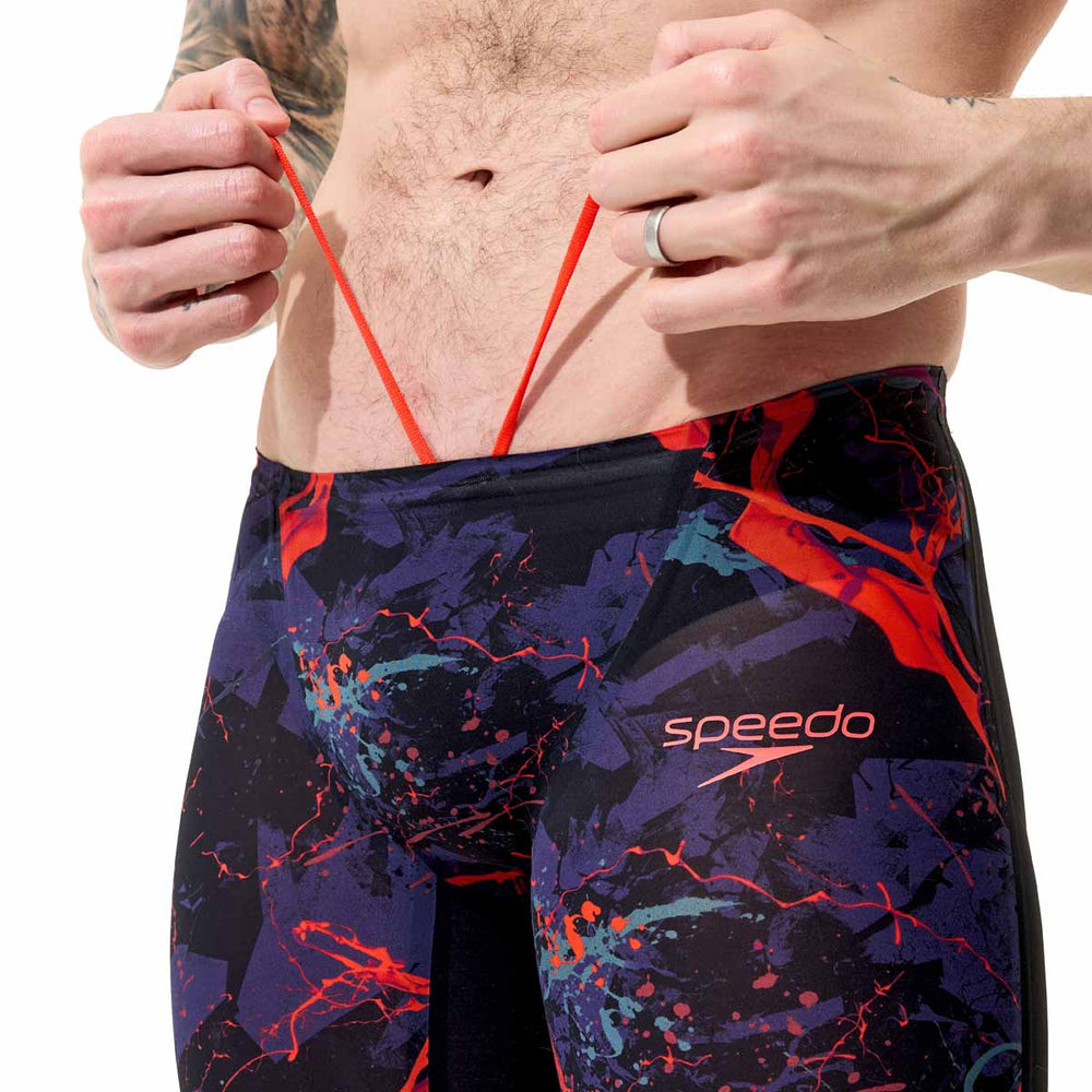 Speedo men's Fastskin LZR Pure Valor 2.0 printed jammers in black ember and black, designed for competitive swimming.