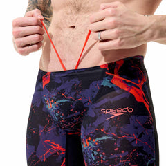 Speedo men's Fastskin LZR Pure Valor 2.0 printed jammers in black ember and black, designed for competitive swimming.