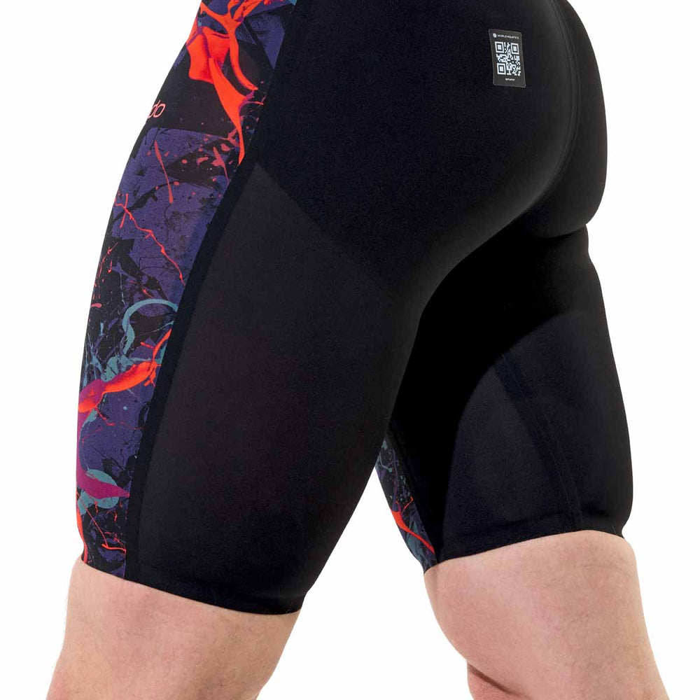 Speedo men's Fastskin LZR Pure Valor 2.0 printed jammer in black ember and black, designed for competitive swimming.