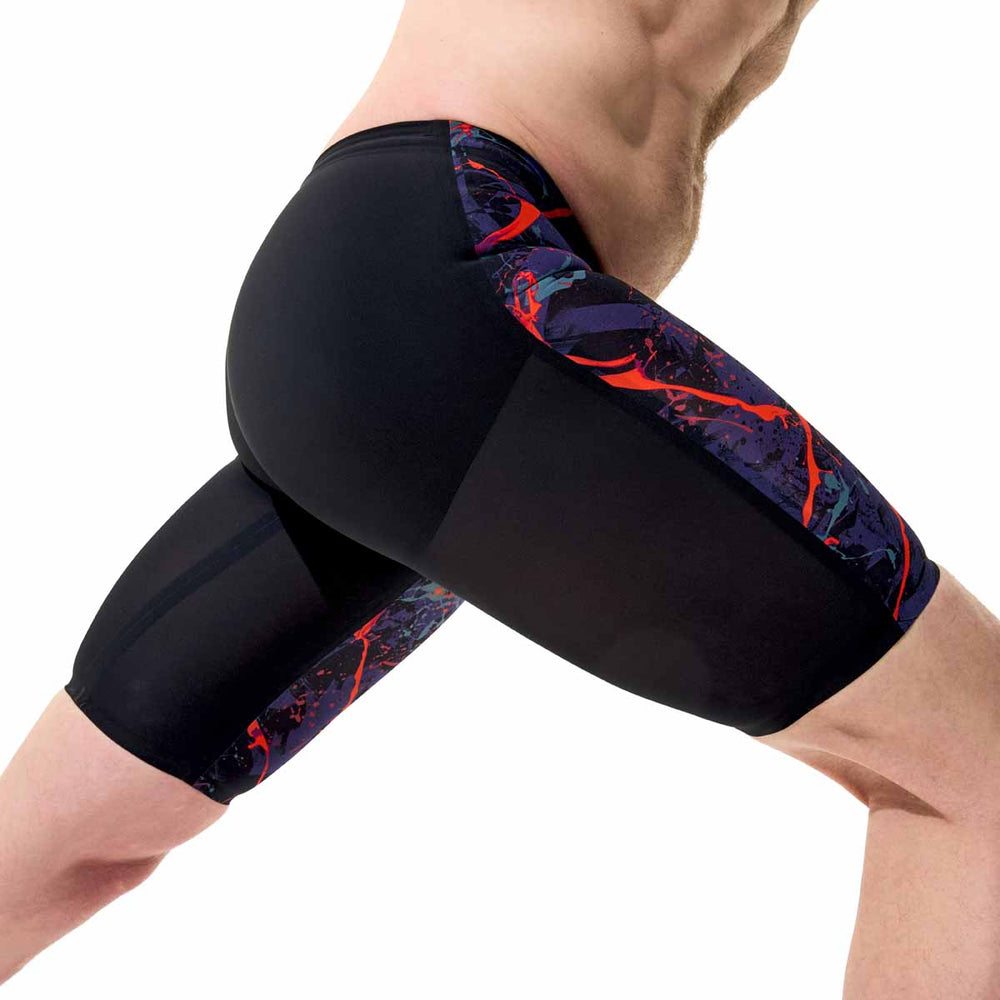 Speedo men's Fastskin LZR Pure Valor 2.0 printed jammers in black ember and black, designed for competitive swimming performance.
