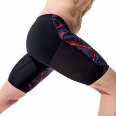 Speedo men's Fastskin LZR Pure Valor 2.0 printed jammers in black ember and black, designed for competitive swimming performance.