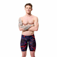 Speedo men's Fastskin LZR Pure Valor 2.0 printed jammer in black ember and black, designed for competitive swimming.