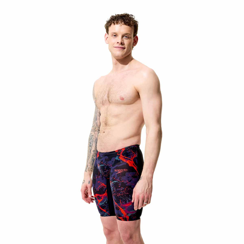 Speedo men's Fastskin LZR Pure Valor 2.0 printed jammer in black ember and black, designed for competitive swimming.