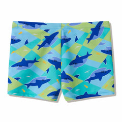 Speedo boys' print aquashorts in deep sapphire with colorful patterns, designed for swimming and water activities.