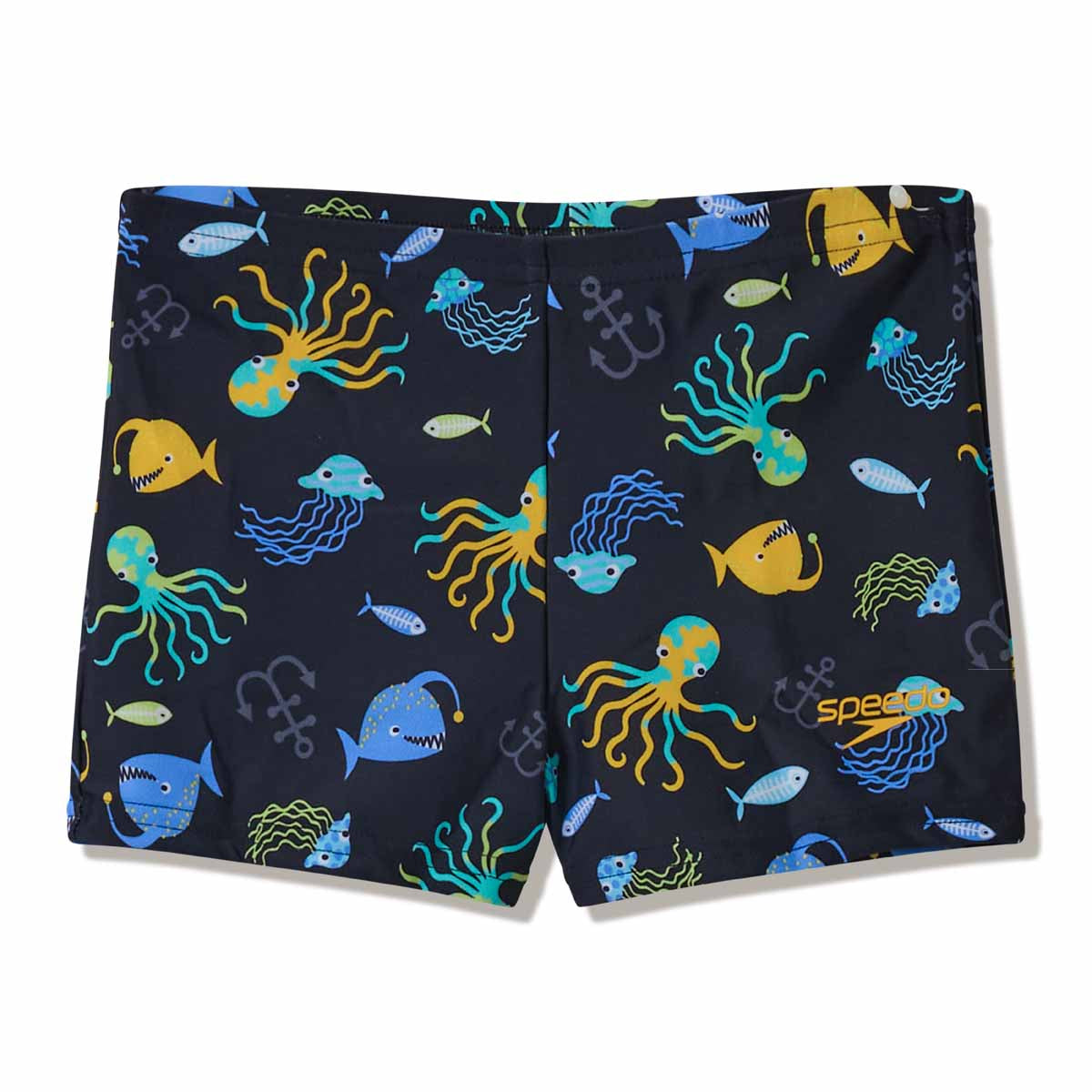 Speedo boys' anthracite print aquashorts with colorful pattern, designed for swimming and water activities.