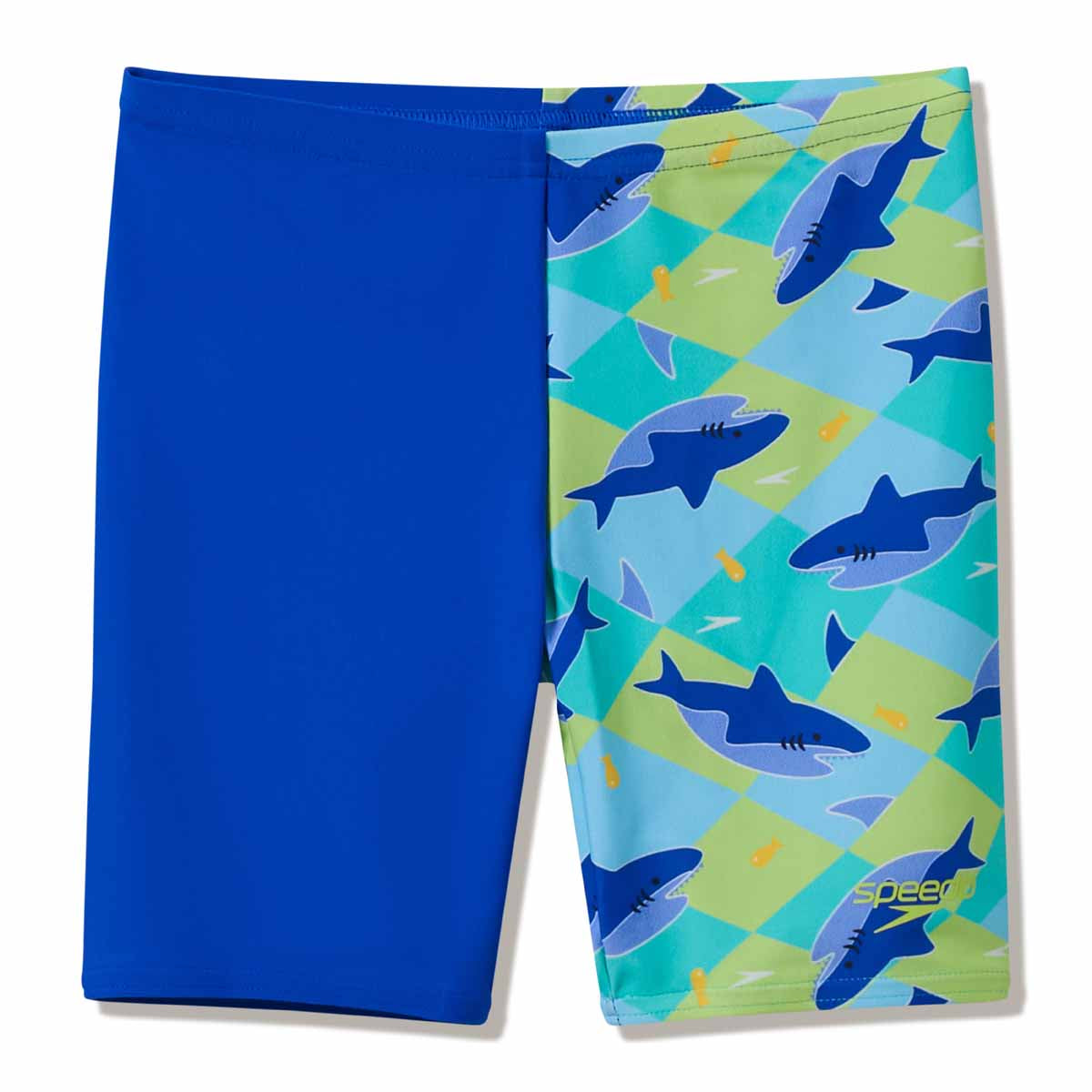 Speedo boys' print jammer in deep sapphire with colorful pattern, designed for boys' swimming and training.