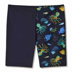 Speedo boys' print jammer in anthracite, featuring a colorful geometric pattern, designed for competitive swimming.