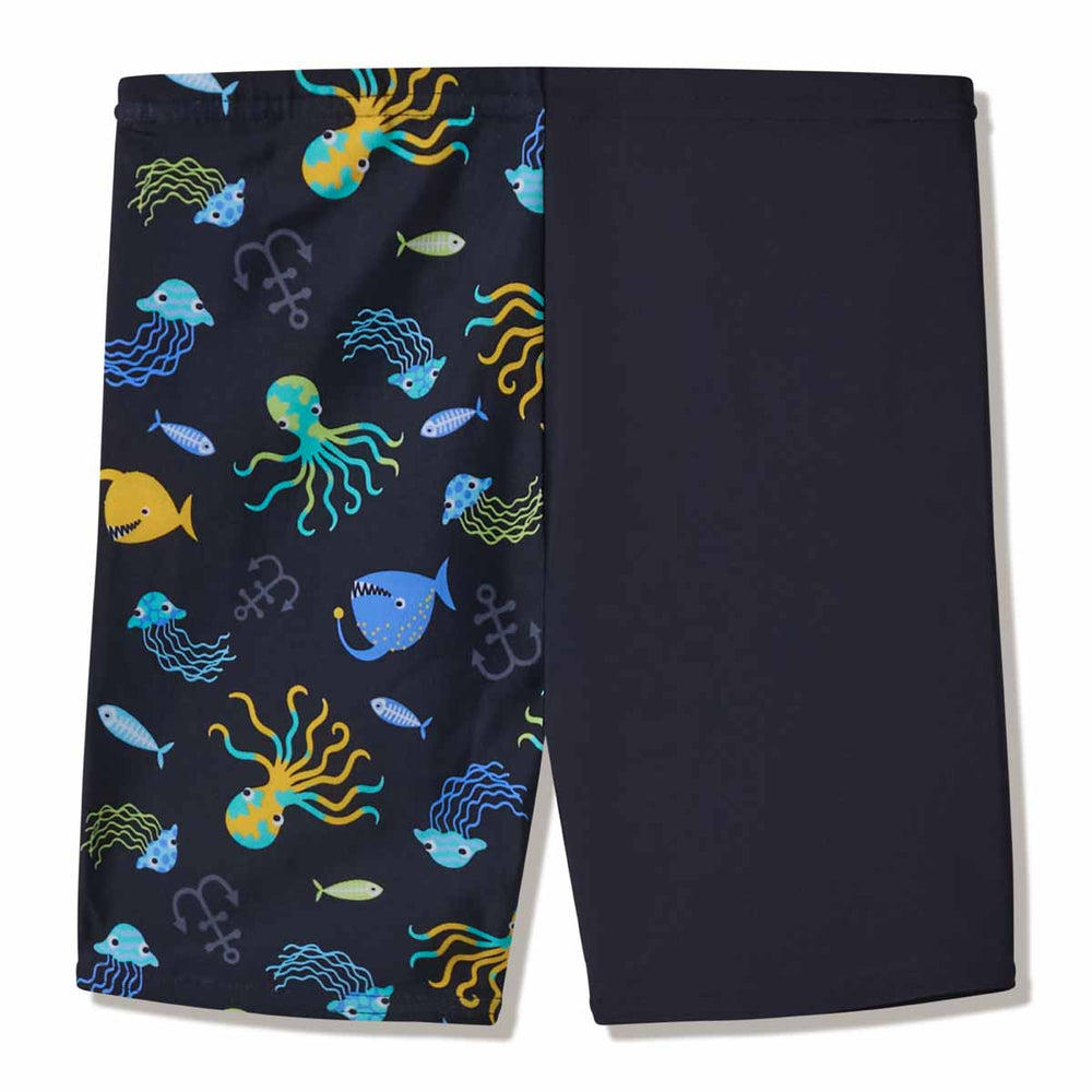 Speedo boys' print jammer in anthracite with colorful patterns, designed for swimming and athletic water activities.