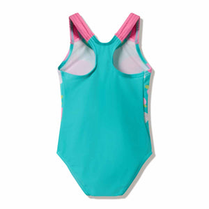 Speedo girls' aqua breeze placement swimsuit with vibrant blue and green patterns, designed for comfortable swimming.
