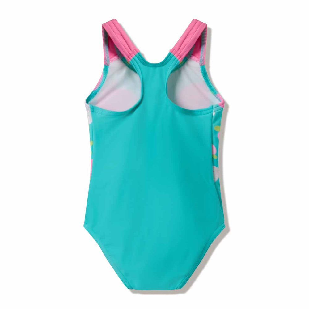 Speedo girls' aqua breeze placement swimsuit with vibrant blue and green patterns, designed for comfortable swimming.