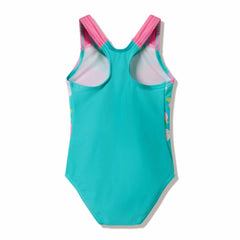 Speedo girls' aqua breeze placement swimsuit with vibrant blue and green patterns, designed for comfortable swimming.