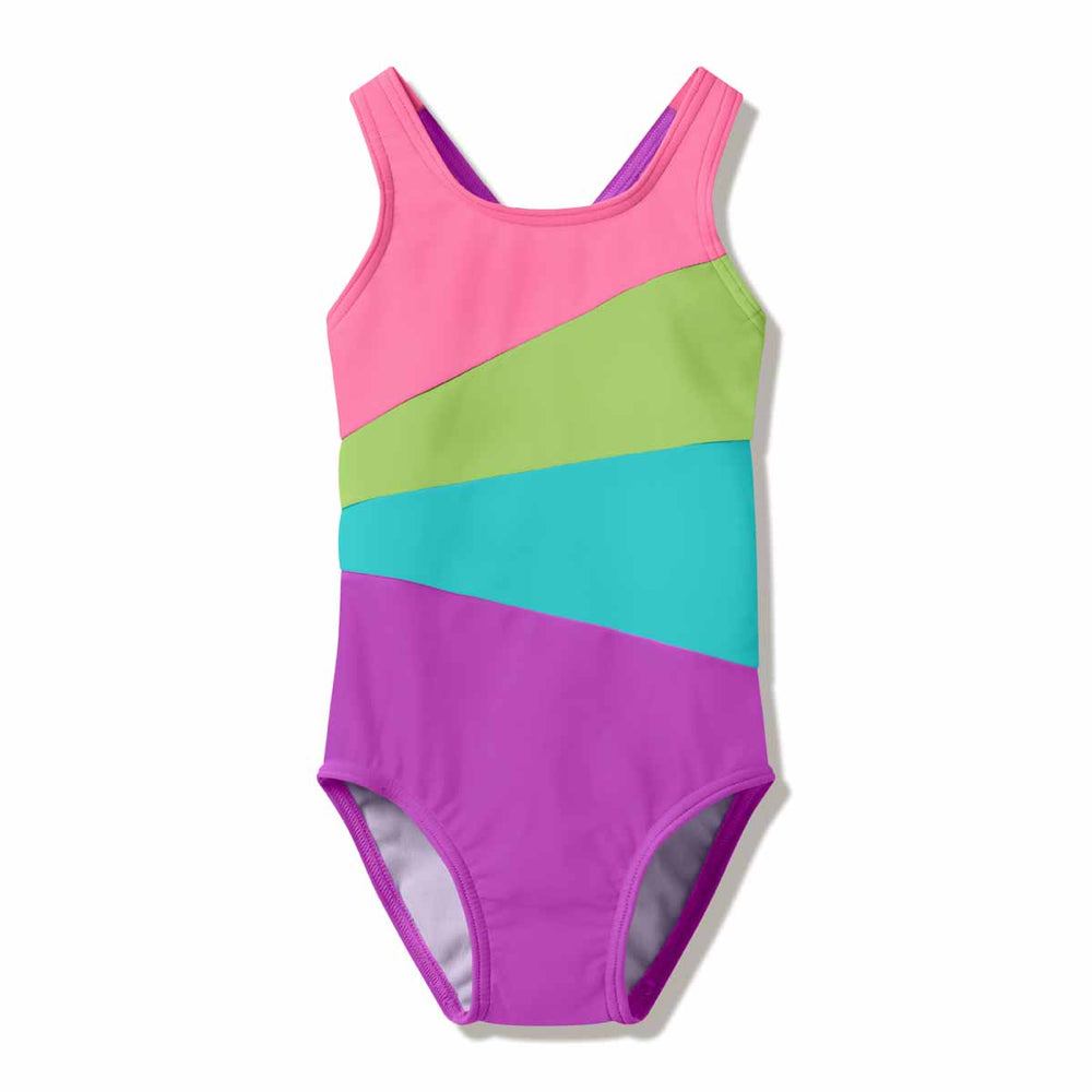 Speedo girls neon jelly swimsuit with radiating splice design, vibrant colors, and comfortable fit for swimming and active water play.