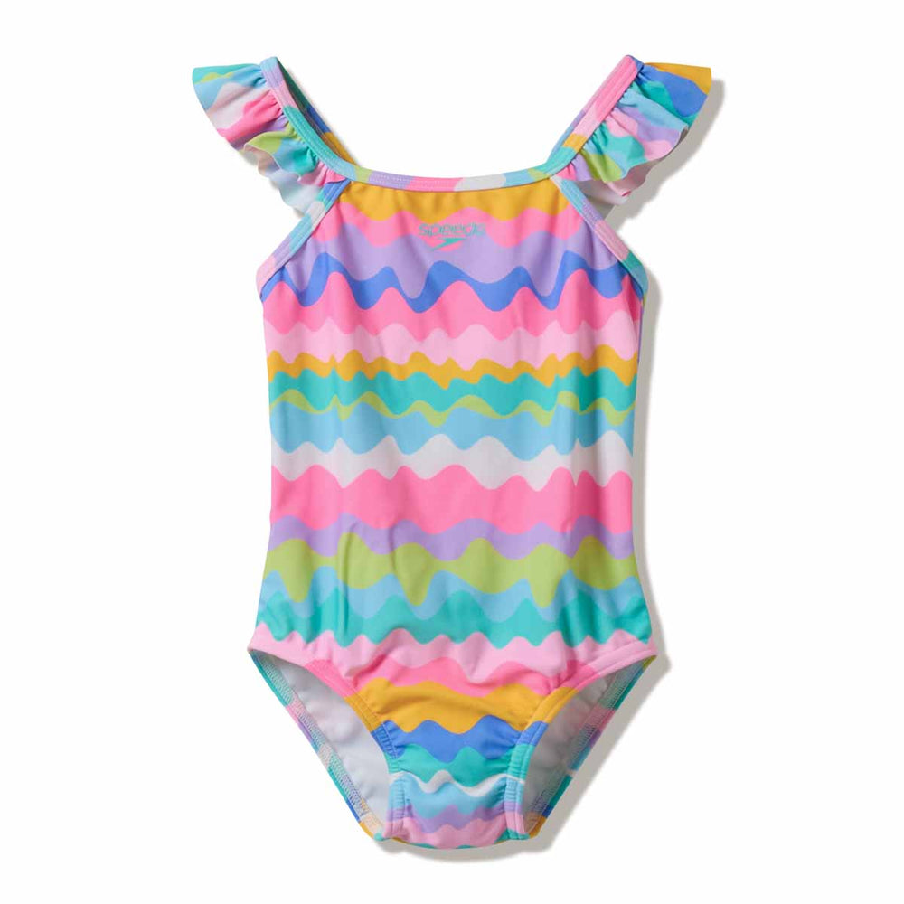 Speedo girls' ruffle swimsuit in bright citrus green, featuring playful ruffle details and a comfortable fit for swimming.