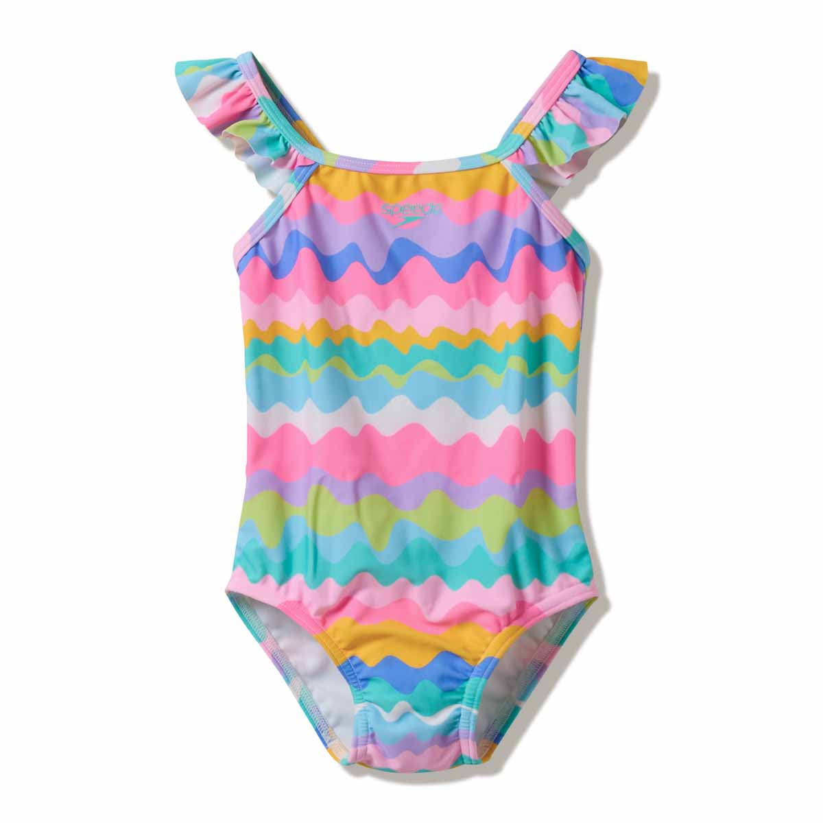 Speedo girls' ruffle swimsuit in bright citrus green, featuring playful ruffle details and a comfortable fit for swimming.