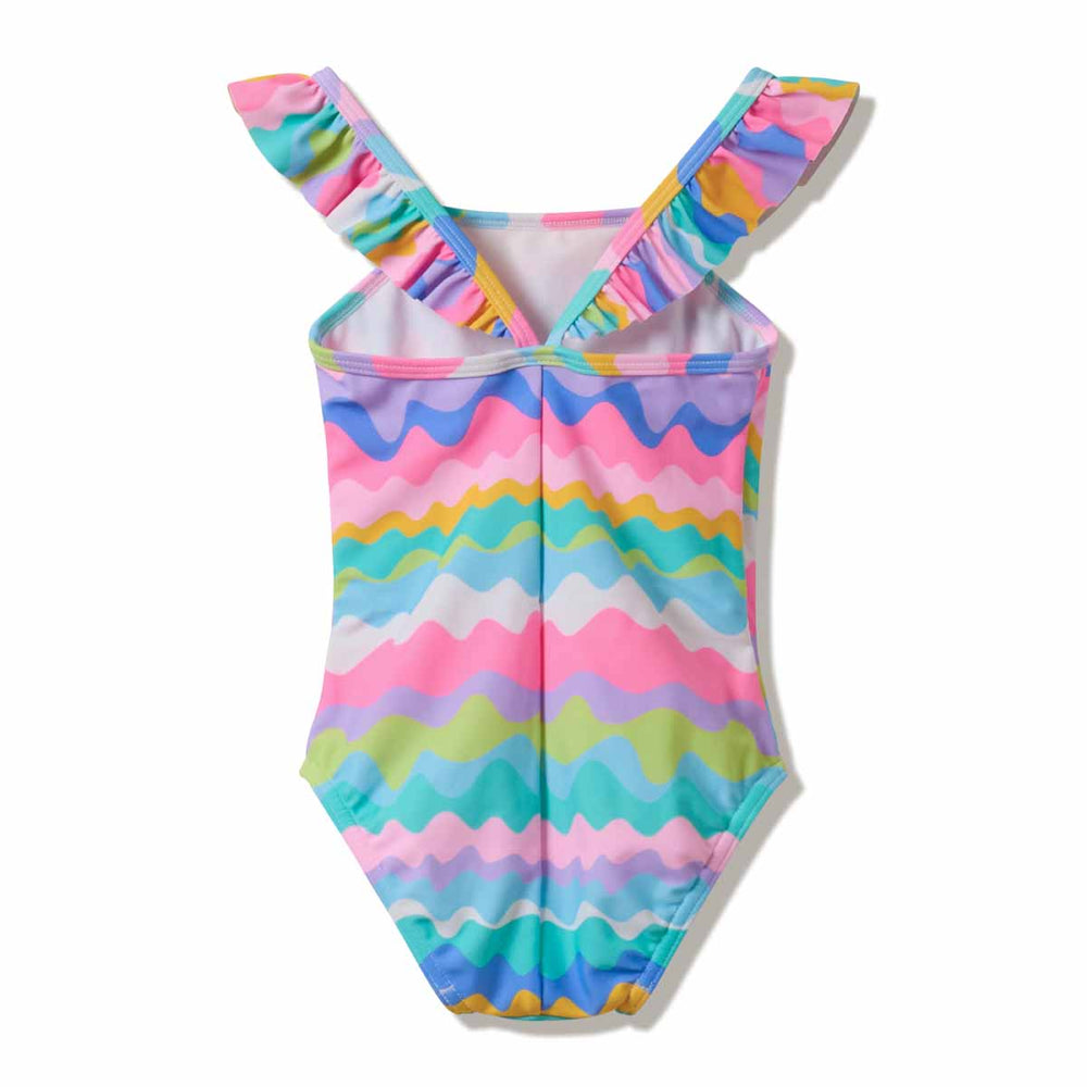Speedo girls' ruffle swimsuit in vibrant citrus green, featuring a stylish design with ruffle details perfect for swimming.