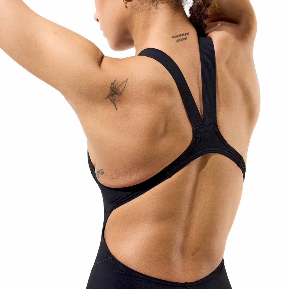 Black Speedo Women's Fastskin LZR HyperPro Kneeskin swimsuit, close-up of sleek, form-fitting design for competitive swimming.