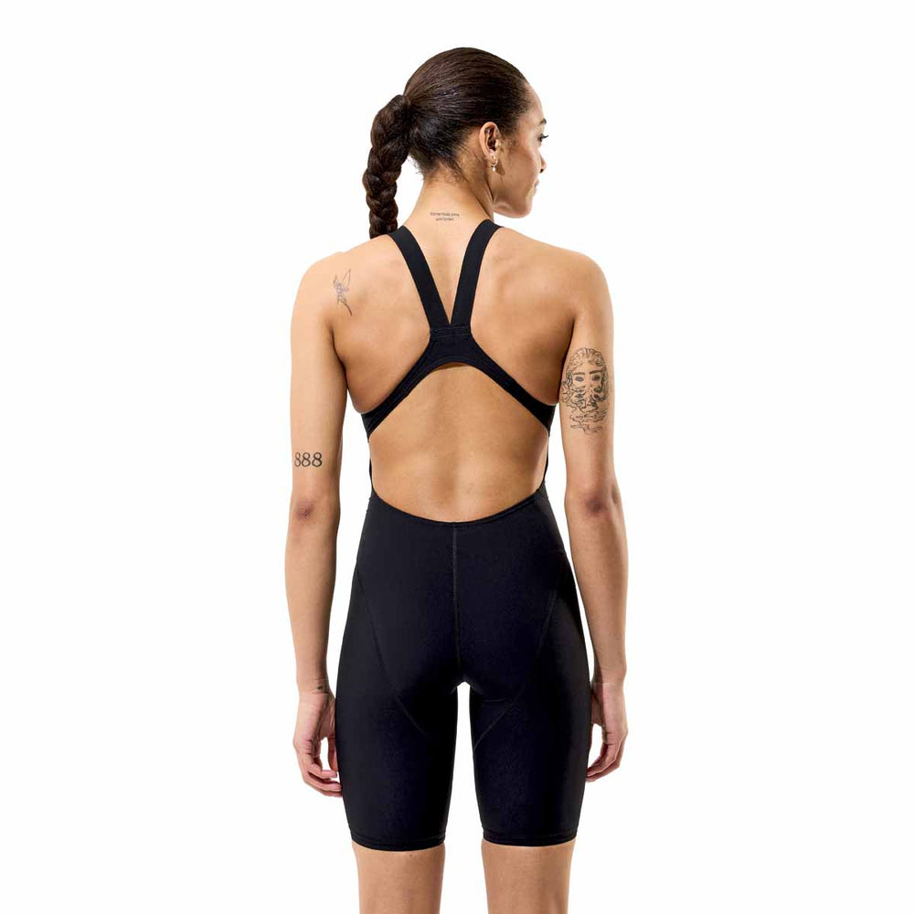 Speedo Women's Fastskin LZR HyperPro Kneeskin in black, close-up view showing sleek, form-fitting swimwear design.