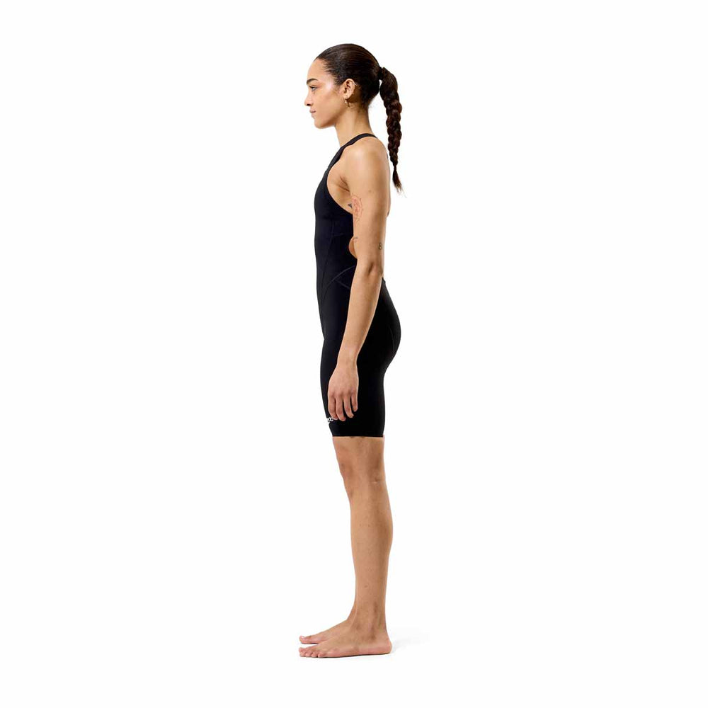 Speedo Women's Fastskin LZR HyperPro kneeskin swimsuit in black, showing a close-up of the sleek, form-fitting design.
