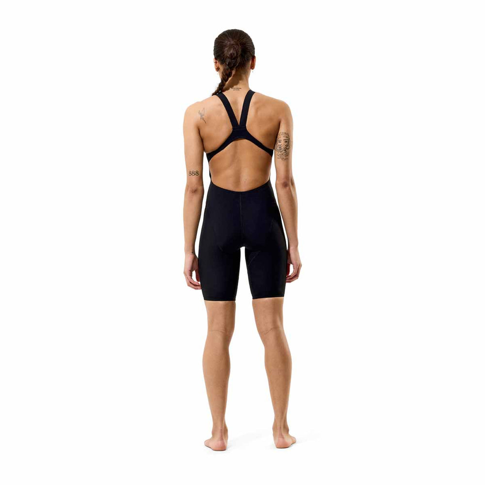 Speedo Women's Fastskin LZR HyperPro Kneesuit in black, close-up of sleek, form-fitting swimwear designed for competitive swimming.