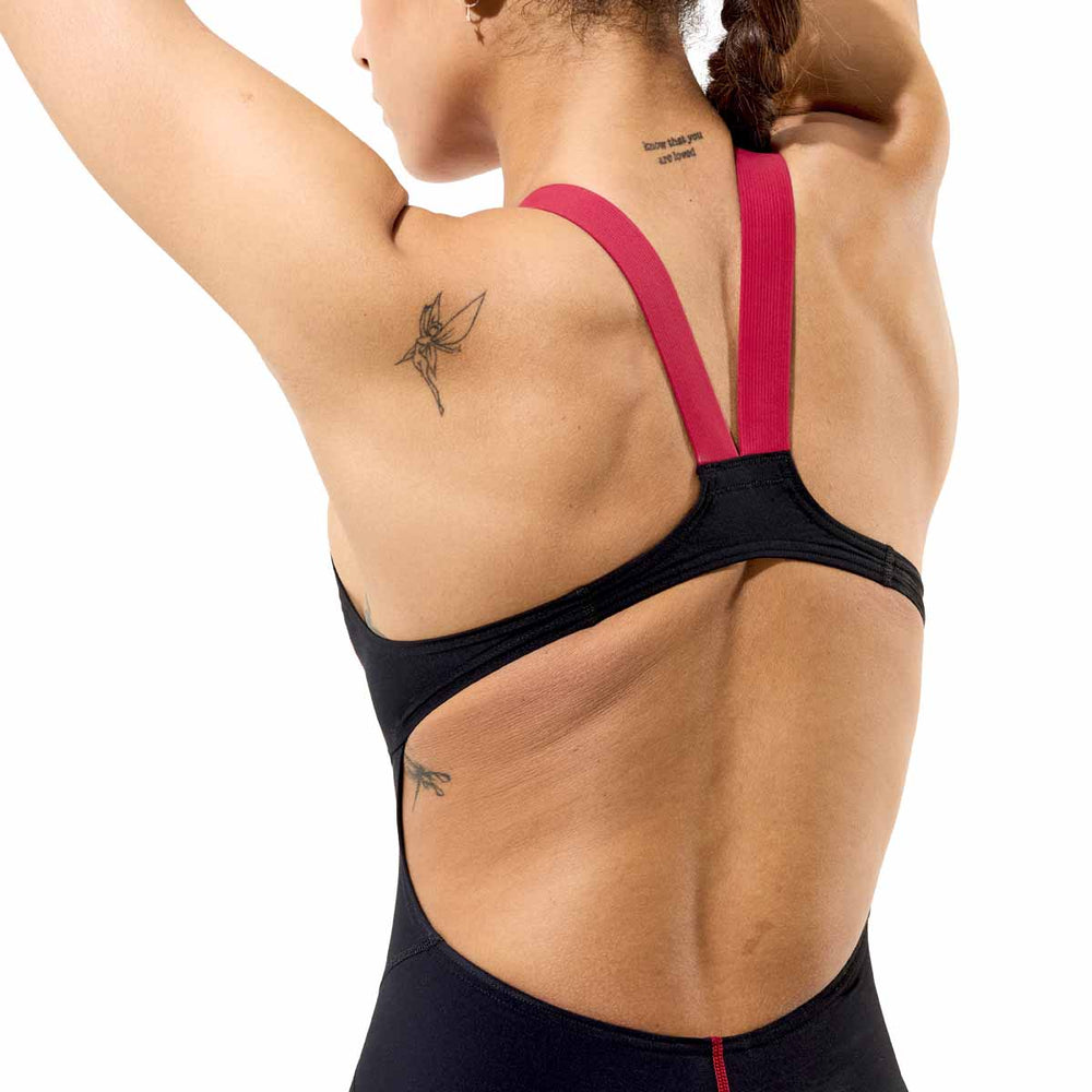 Speedo Women's Fastskin LZR HyperPro kneesuit in regal red and black, sleek swimwear designed for performance and comfort.