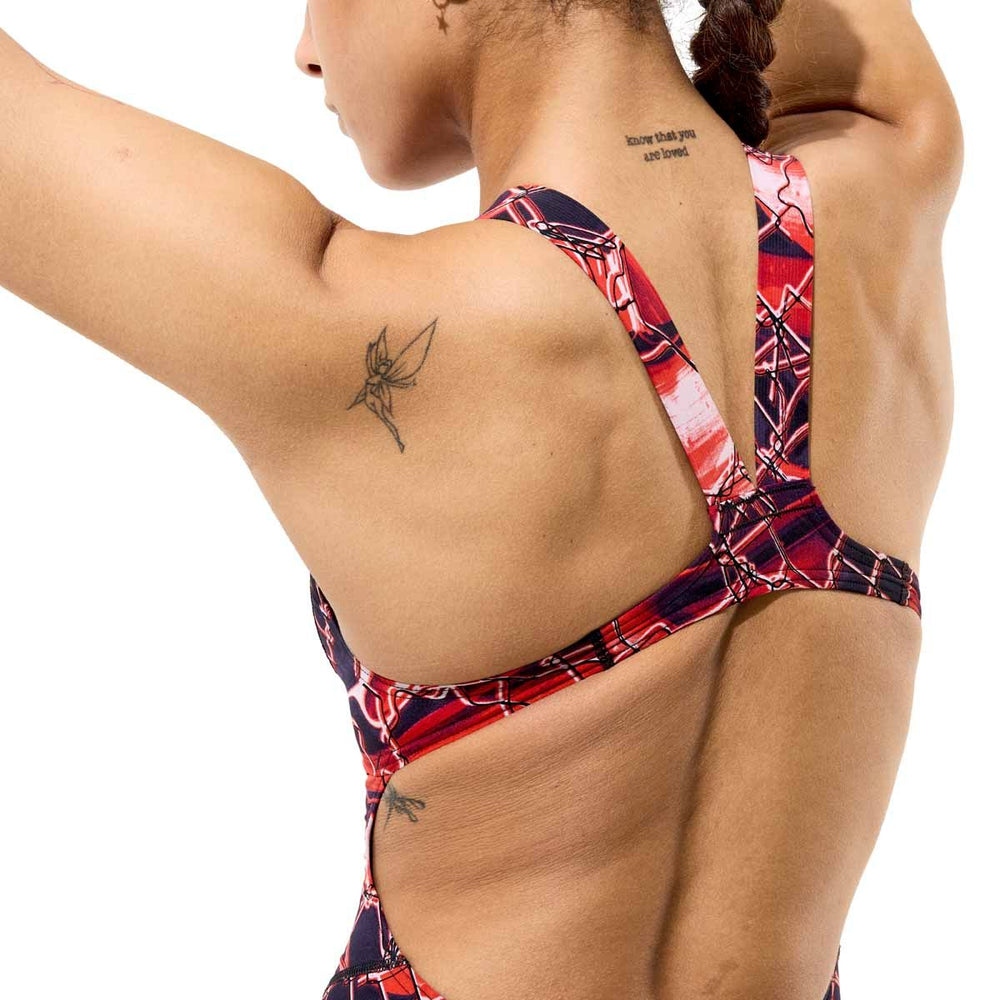 Speedo women's Fastskin LZR HyperPro printed kneeskin swimsuit in black and electric veil with sleek design and textured fabric.