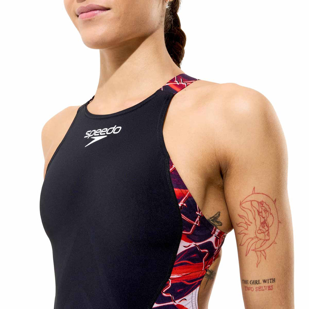 Speedo Women's Fastskin LZR HyperPro printed kneeskin swimsuit in black and electric veil colors, designed for competitive swimming.