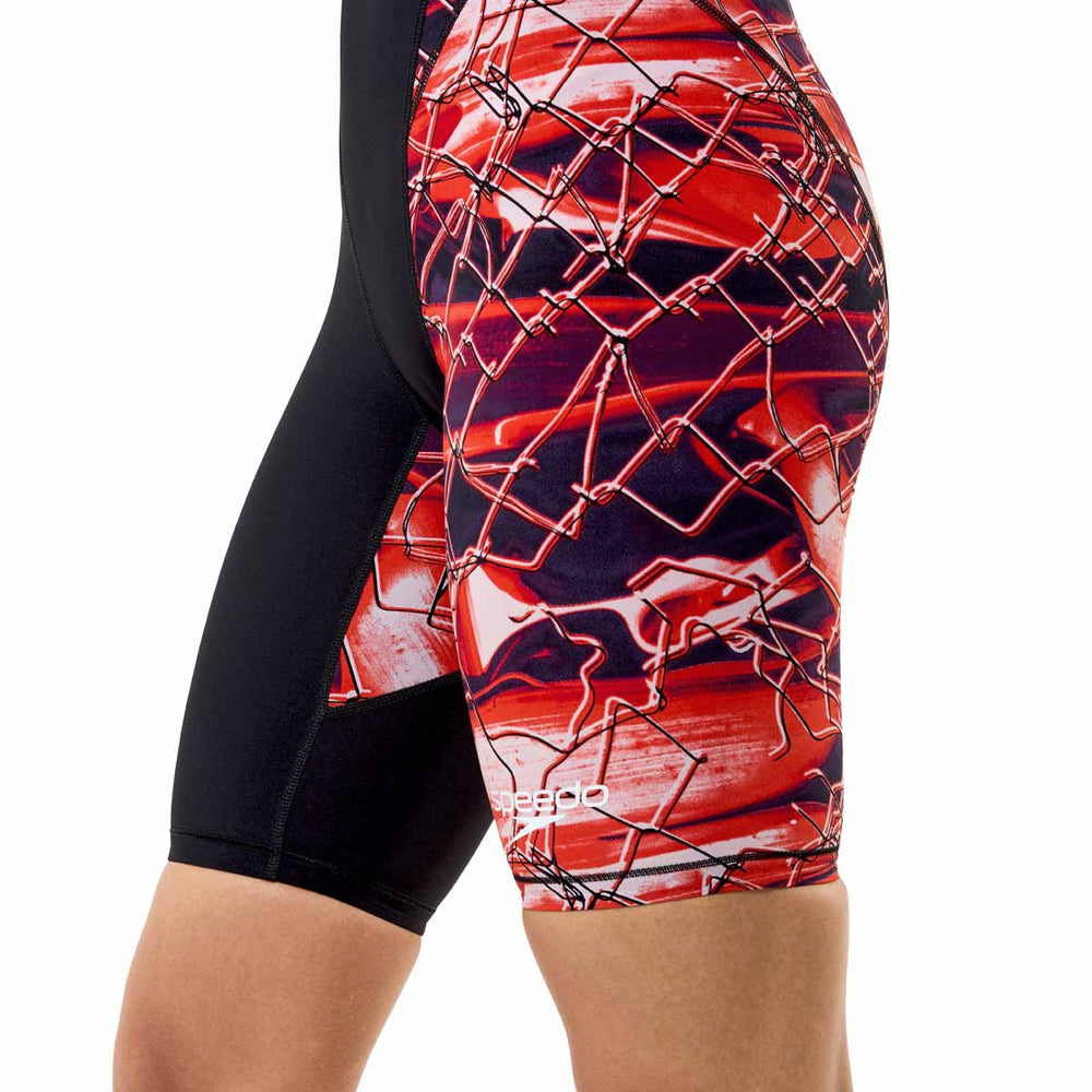 Speedo Women's Fastskin LZR HyperPro printed kneesuit in black and electric veil with sleek, aerodynamic design for competitive swimming.