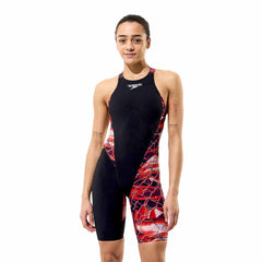 Speedo women's Fastskin LZR HyperPro printed kneeskin swimsuit in black with electric veil design, designed for competitive swimming.