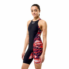 Speedo Women's Fastskin LZR HyperPro printed kneesuit in black and electric veil with sleek, form-fitting design for competitive swimming.