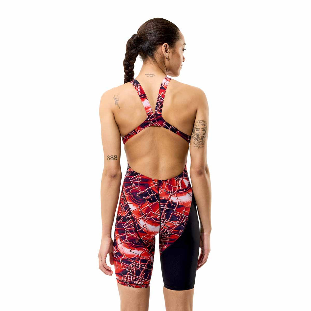 Speedo Women's Fastskin LZR HyperPro printed kneesuit in black with electric veil design, designed for competitive swimming.