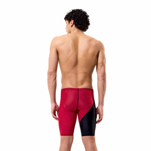 Speedo men's Fastskin LZR HyperPro jammer in black, close-up view showing sleek swimwear fabric and fit.