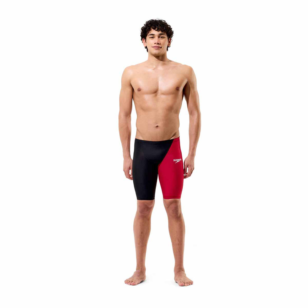 Speedo men's Fastskin LZR HyperPro jammer in black, fitted swimwear designed for competitive swimming, shown on a mannequin.