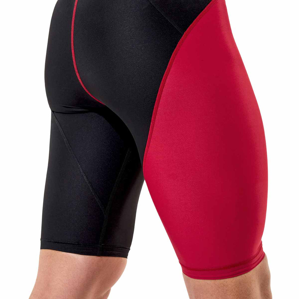 Speedo men's Fastskin LZR HyperPro jammer in Regal Red and black, fitted swimwear for competitive swimming.