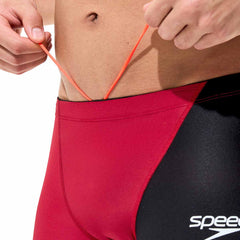 Speedo men's Fastskin LZR HyperPro jammer in regal red and black, showcasing a sleek, form-fitting swimwear design.