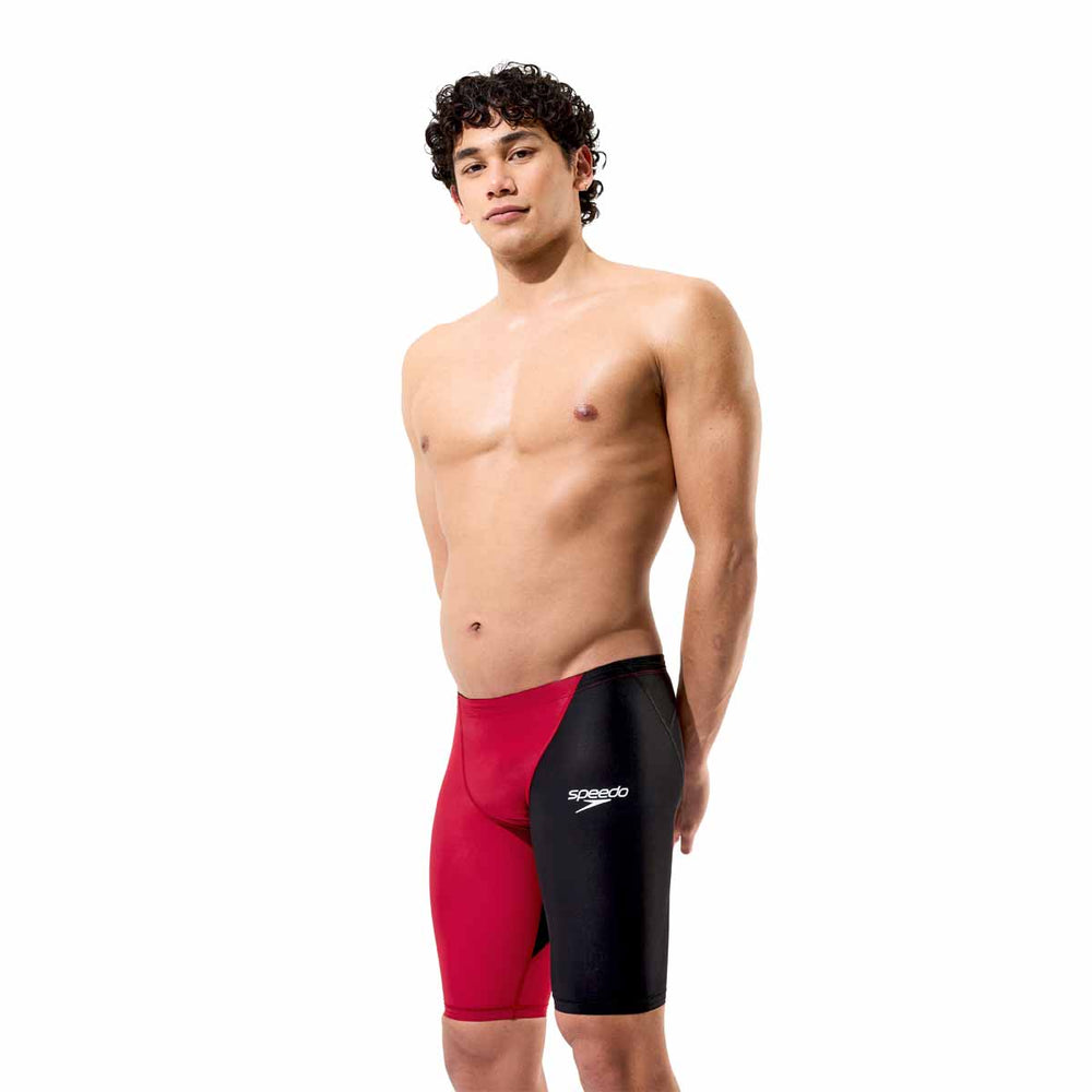 Speedo men's Fastskin LZR HyperPro jammer in regal red and black, featuring a sleek, form-fitting swimwear design for competitive swimming.