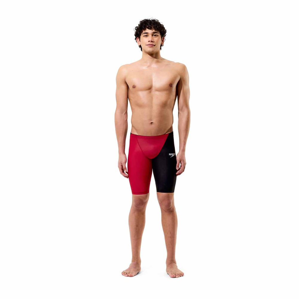 Speedo men's Fastskin LZR HyperPro jammer in regal red and black, designed for competitive swimming, shown on a model.