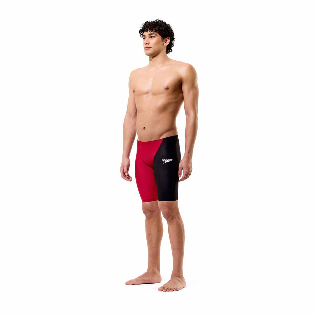 Speedo men's Fastskin LZR HyperPro jammer in regal red and black, featuring a sleek, form-fitting swimwear design.