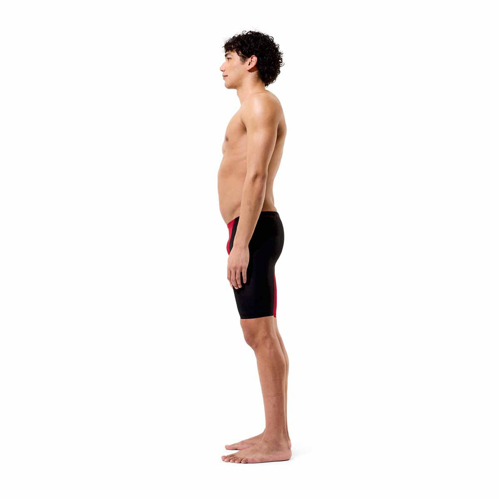Speedo men's Fastskin LZR HyperPro jammer in regal red and black, showcasing sleek swimwear design with fitted fabric.