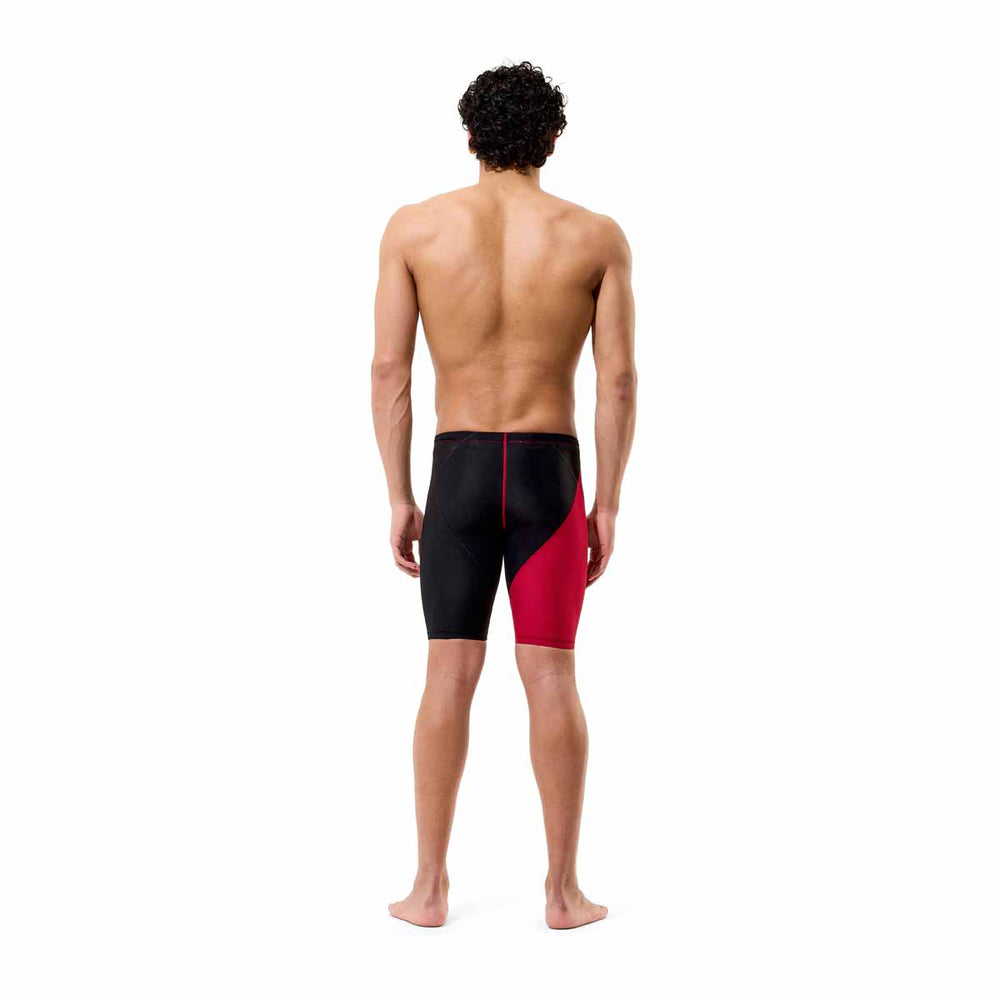 Speedo men's Fastskin LZR HyperPro jammer in regal red and black, showcasing a sleek, form-fitting swimwear design.