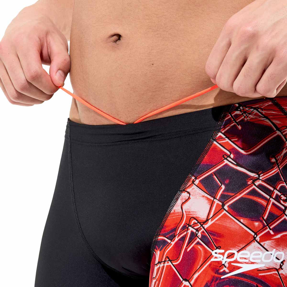 Speedo men's Fastskin LZR HyperPro printed jammer in black and electric veil, designed for competitive swimming.